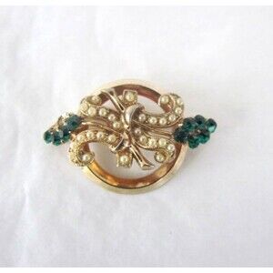 Vintage Brooch Faux Pearls Emerald Rhinestones MCM Unsigned Oleg Cassini